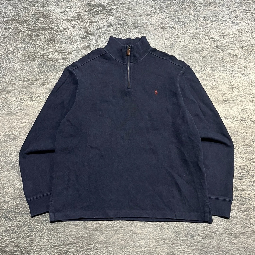 Polo Ralph Lauren 1/4 Zip Sweater Long‎ Sleeve Mens Large Navy Blue Small Pony